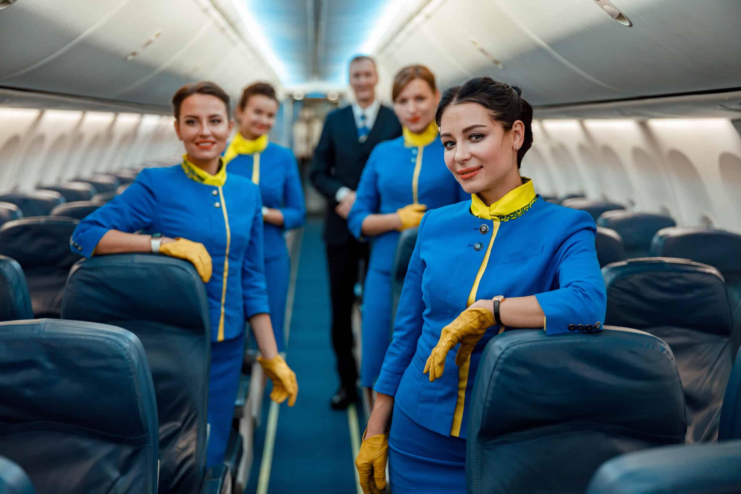 Cheerful women stewardesses and male pilot looking at camera and smiling while standing near passenger seats in aircraft